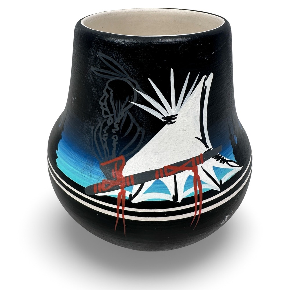 Navajo Pottery Vase Signed K. Adakai Hand Painted Teepee Mountain Scene 4in
